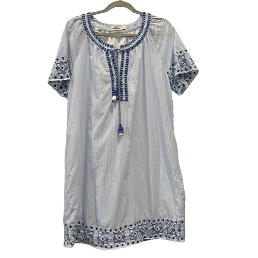 Vineyard Vines Sea Striped Embroidered Tassel Dress Spring Summer Floral Large 